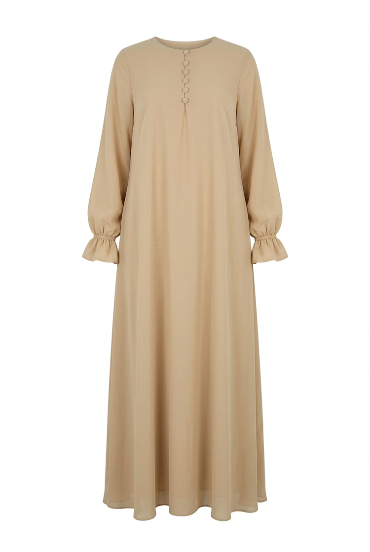 'Alaia' Maxi Smock Dress in sand chiffon, front view on a white background