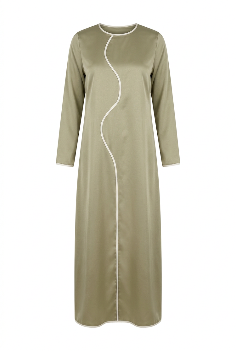 'Noor' Olive Green Abaya in satin with ivory wave piping, front view on a white background