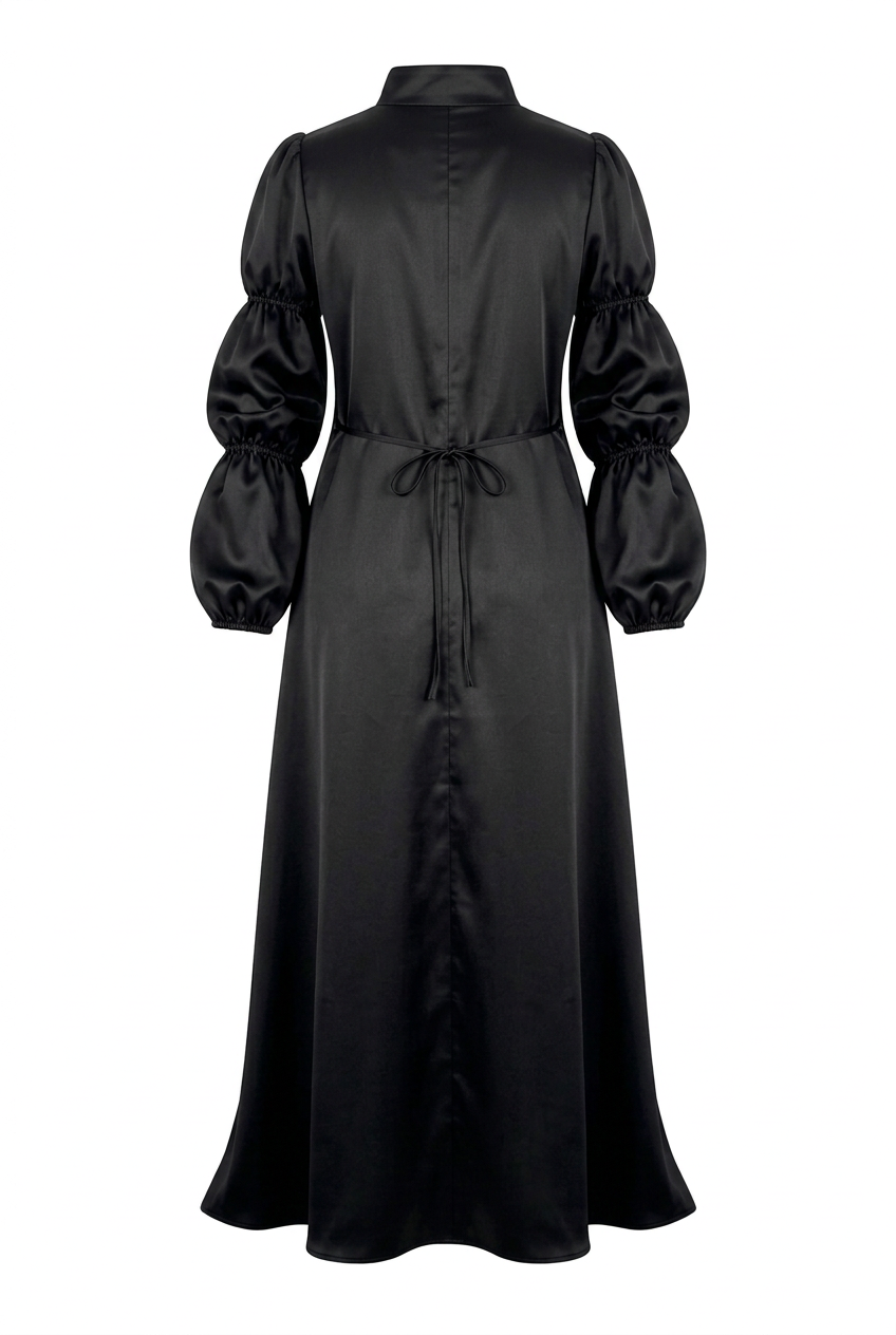 'Qamar' Black Evening Dress, back view with waist tie, on a white background