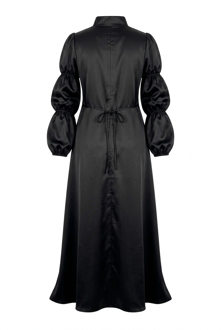 'Qamar' Black Evening Dress, back view with waist tie, on a white background