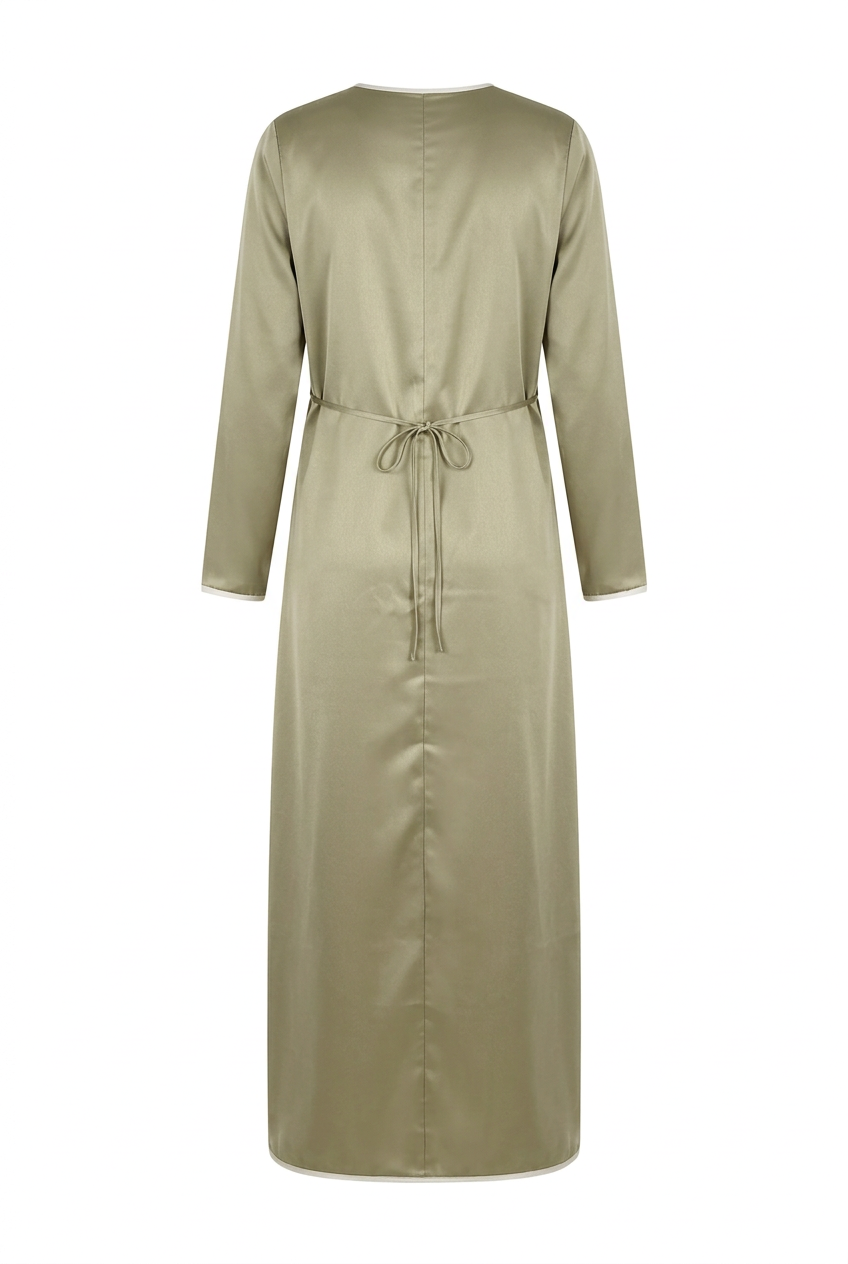 'Noor' Olive Green Abaya, back view with waist tie, on a white background