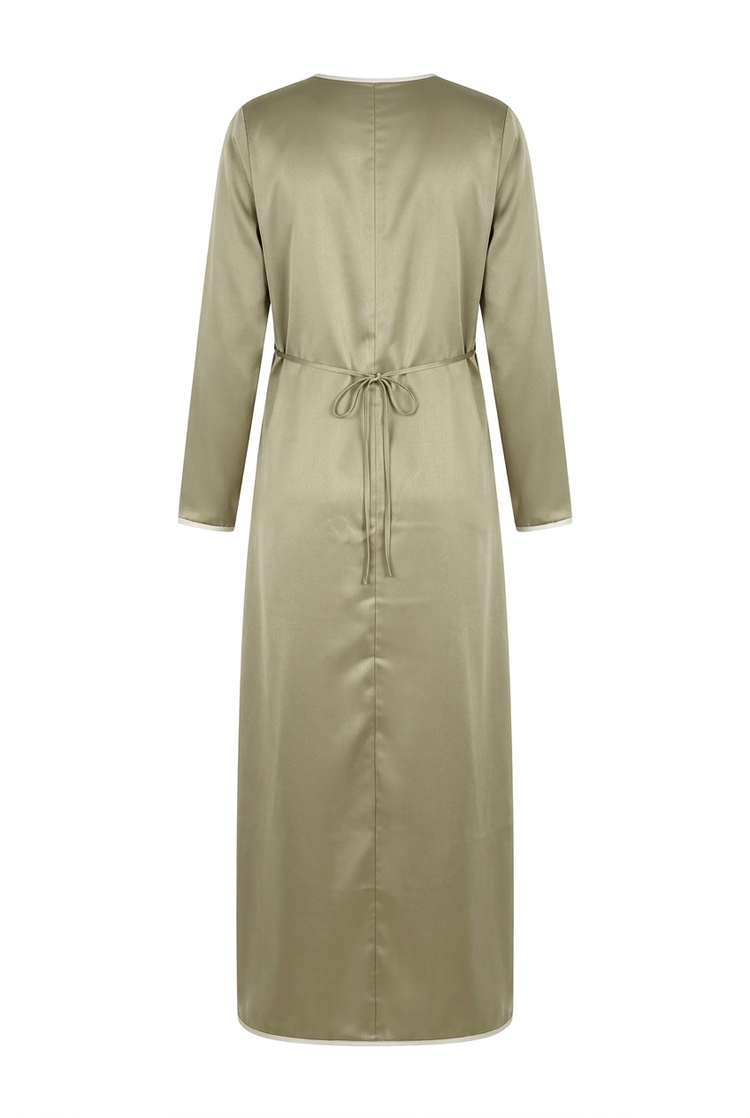 'Noor' Olive Green Abaya, back view with waist tie, on a white background