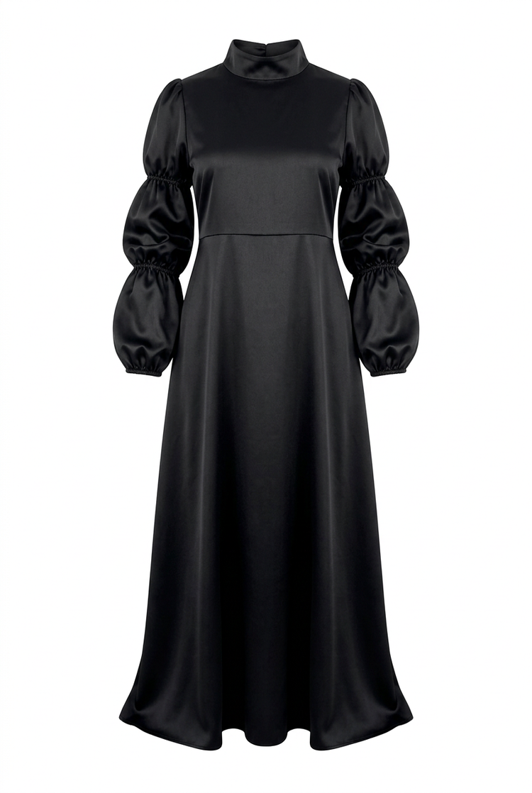 'Qamar' Black Evening Dress in satin with puff sleeves, front view on a white background